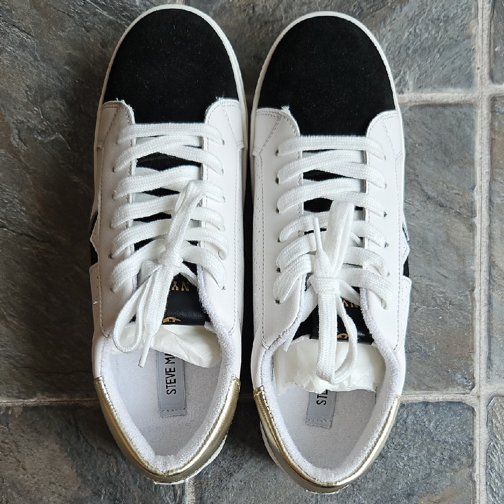 Steve Madden Black and White Sneakers with Gold Accents